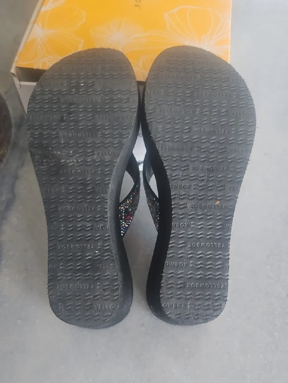 Yellow Box Black Wedge Sandals with Multicolor Jewel Accents